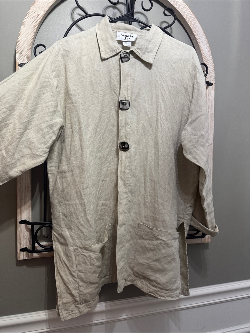 Beige Lightweight Shirt Jacket / shirt 100% linen M oversized vintage